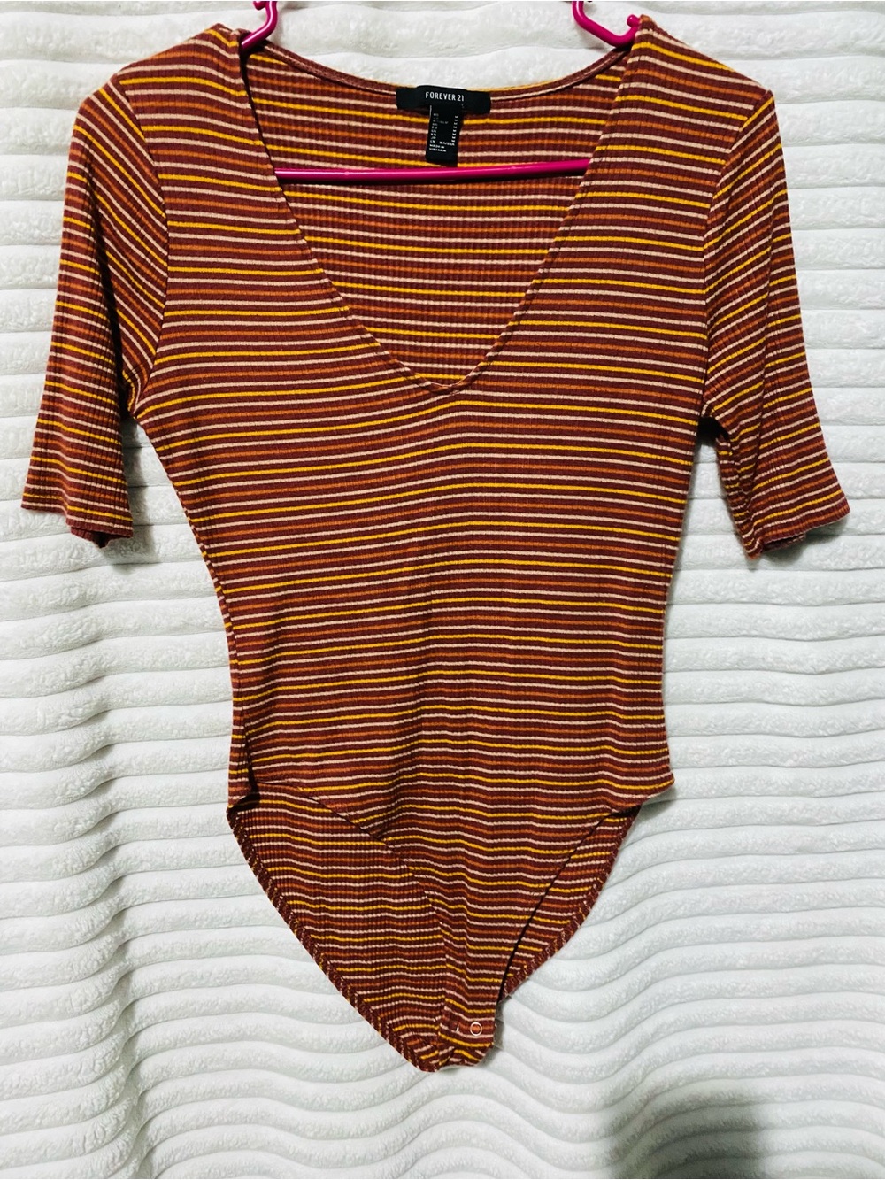 Forever 21 Rust, Mustard & Cream Striped V-Neck Ribbed Bandeau Bodysuit